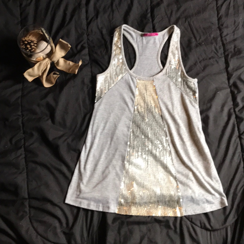 Light grey sequined tank top.